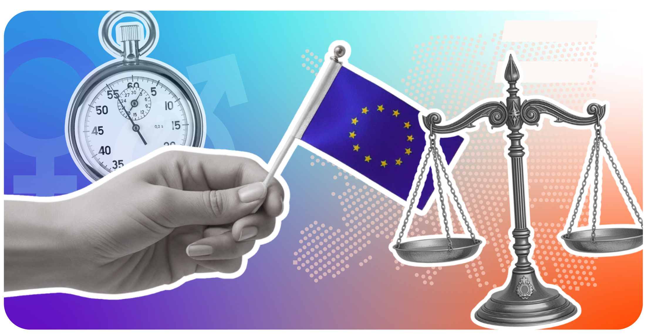 L'image présente un drapeau européen avec une chronomètre et une balance de la justice. En fond on aperçoit le continent européen en référence à la directive sur la transparence salariale pour la parité homme/femme.